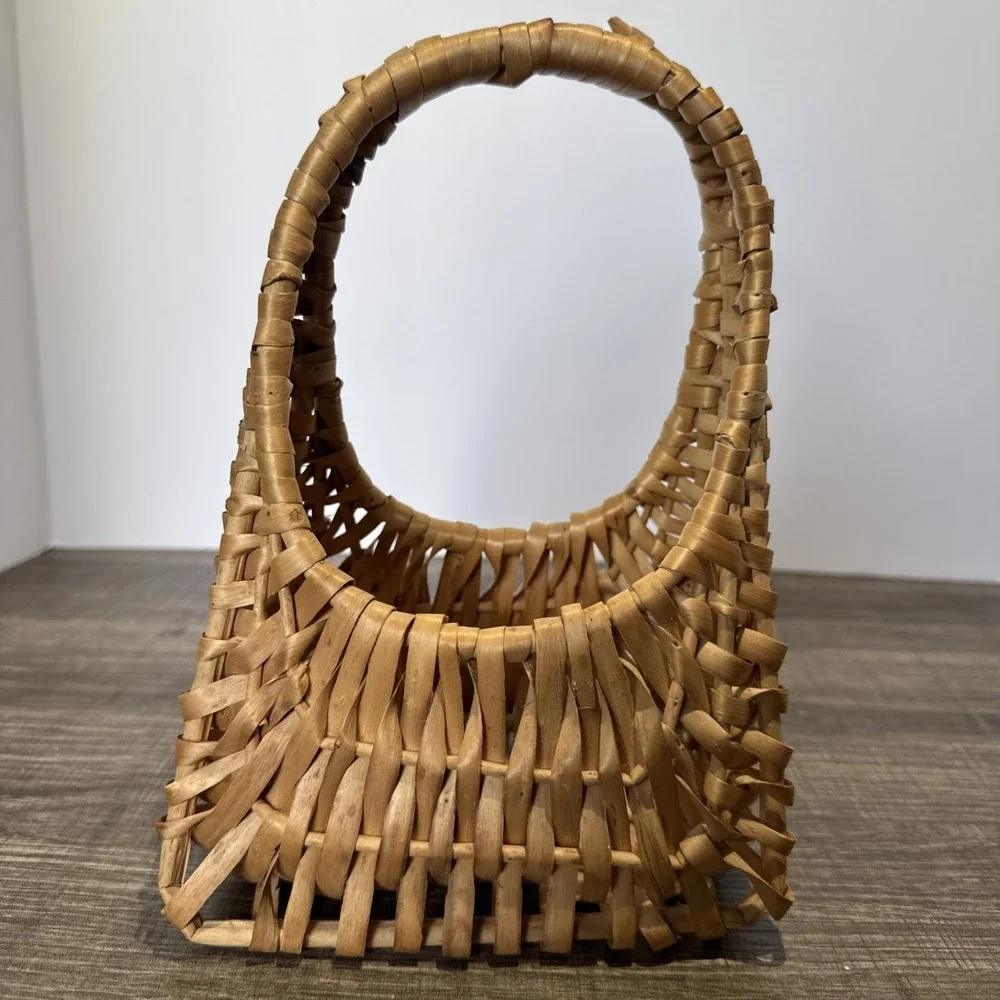 Vintage Purse Shaped Hand Woven Wood Wicker Basket